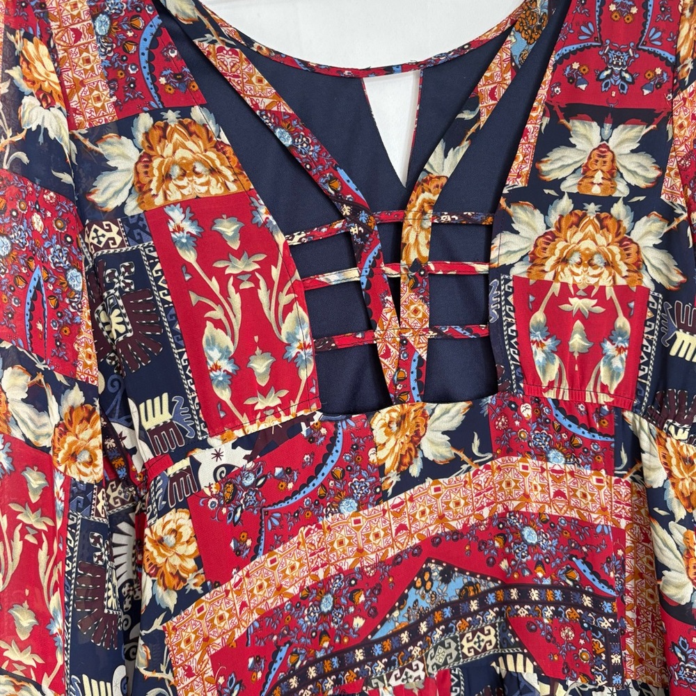 Altar’d State Women’s Boho Bell Sleeve Floral Dress Red Blue Size Medium - Picture 3 of 7